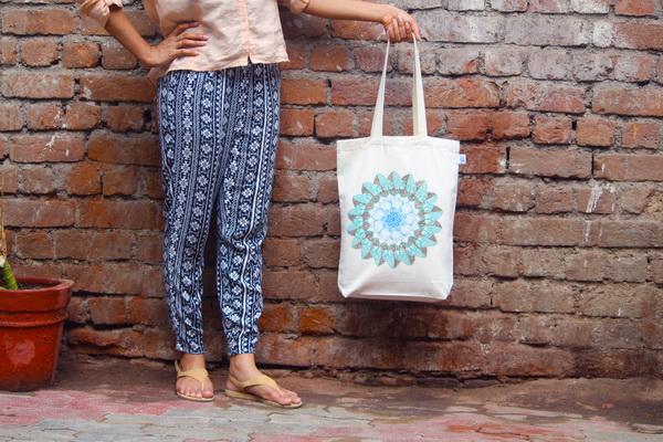 Reusable Natural Canvas Gusset Tote Bag - Mandala Print