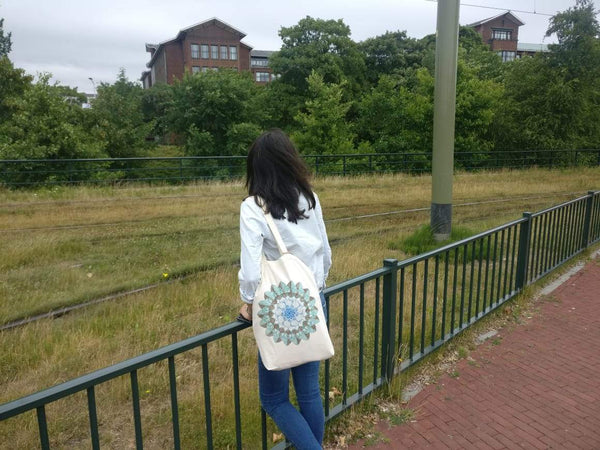 Reusable Natural Canvas Gusset Tote Bag - Mandala Print