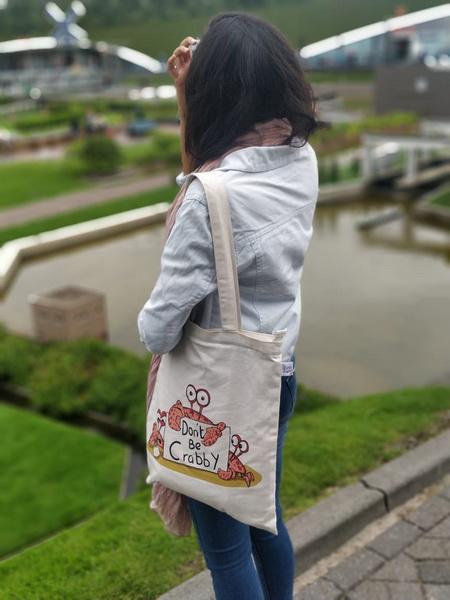 Reusable Natural Canvas Zipper Tote Bag - Don't be Crabby Print