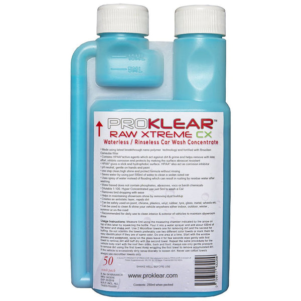 Proklear RAW Xtreme CX Carnauba Wax Rinseless/Waterless Auto Wash Concentrate - Startup Kit (250ml)