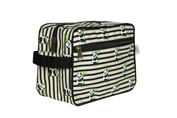 Reusable Natural Canvas Travel Pouch - Panda Stripes