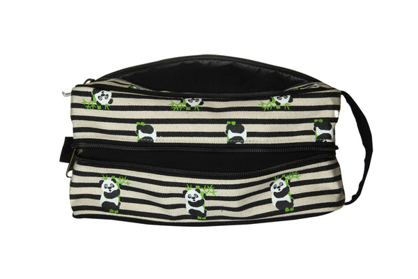 Reusable Natural Canvas Travel Pouch - Panda Stripes