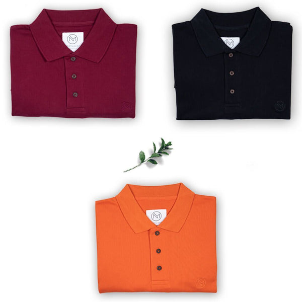 100% Organic Cotton Polo Neck T-Shirts - Classic Value Pack of 3 in Maroon, Black and Orange