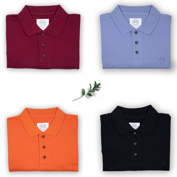 100% Organic Cotton Polo Neck T-Shirts - Club Value Pack of 4 in Maroon, Purple, Black and Orange