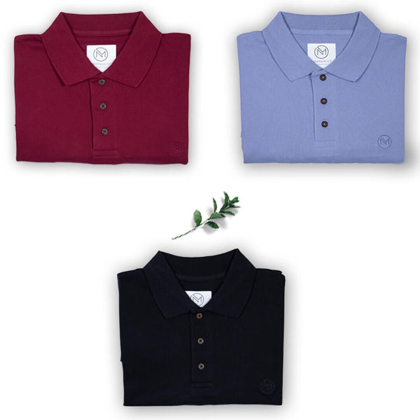 100% Organic Cotton Polo Neck T-Shirts - Monday Basics Value Pack of 3 in Maroon, Purple and Black