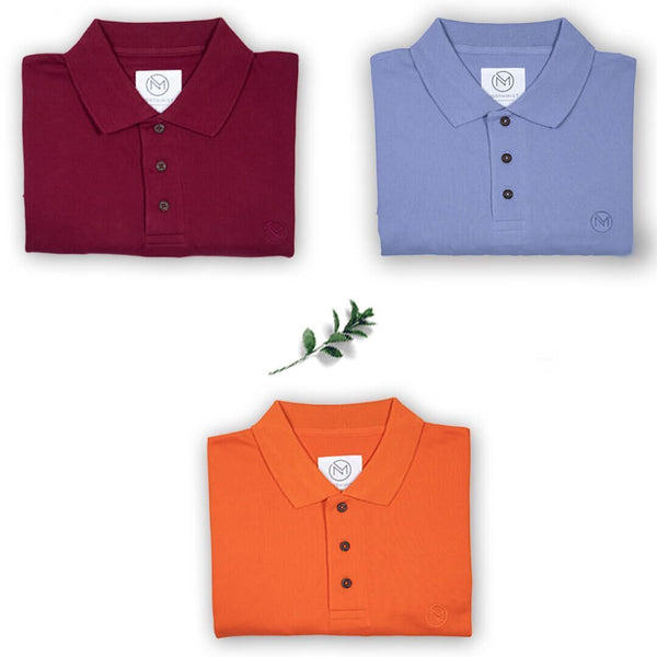 100% Organic Cotton Polo Neck T-Shirts - Summer Bliss Value Pack of 3 in Maroon, Purple and Orange