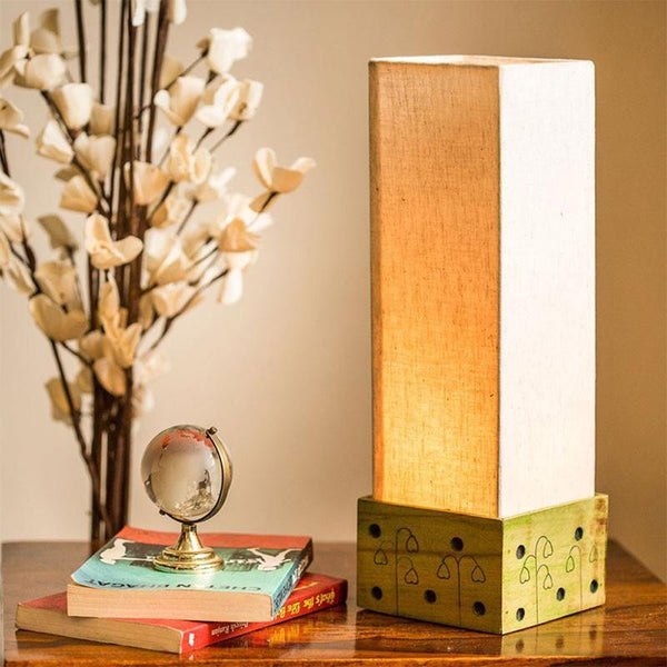Wooden Table Lamp Carved by Traditional Artisans - Green