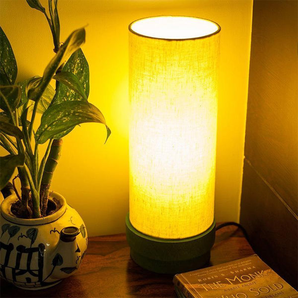 Turquoise Green  Round Wooden Table Lamp Crafted by Traditional Artisans