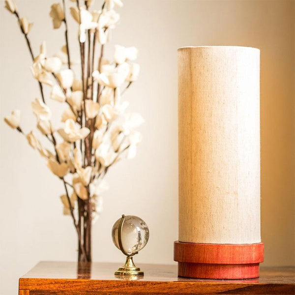 Maroon Round Wooden Table Lamp Crafted by Traditional Artisans
