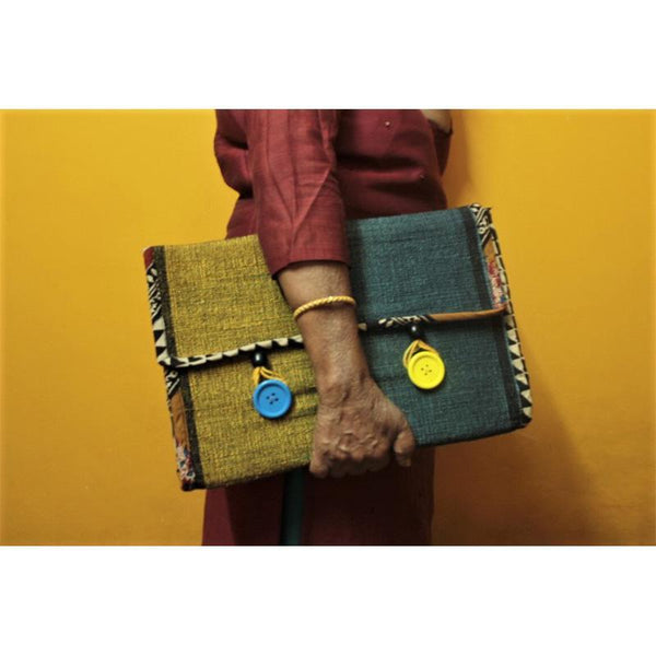 Laptop Sleeve Made with Hibiscus Fibre - Blue and Yellow Boho (38.1cm)