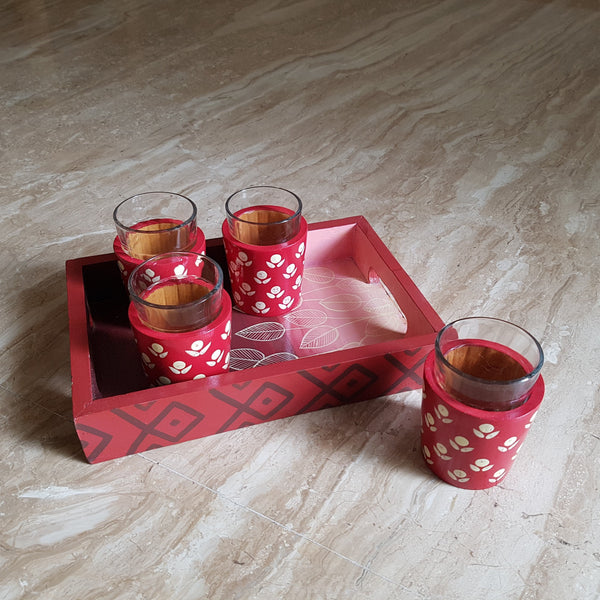 Chai Glasses and Tray Set in Banarasi Woodwork (Set of 4 Glasses)