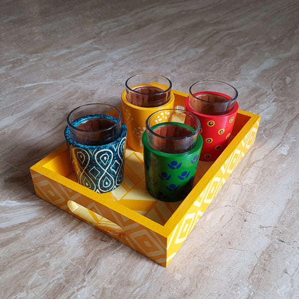 Chai Glasses and Tray Set in Banarasi Woodwork (Set of 4 Glasses)
