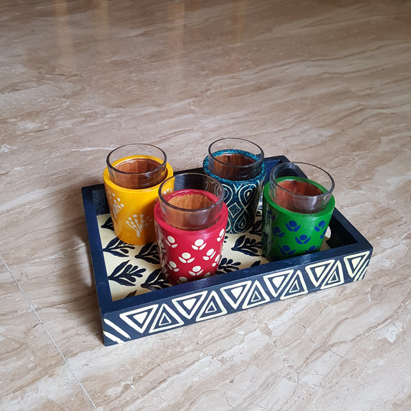 Chai Glasses and Tray Set in Banarasi Woodwork (Set of 4 Glasses)