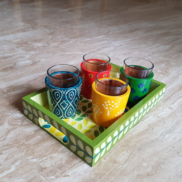 Chai Glasses and Tray Set in Banarasi Woodwork (Set of 4 Glasses)
