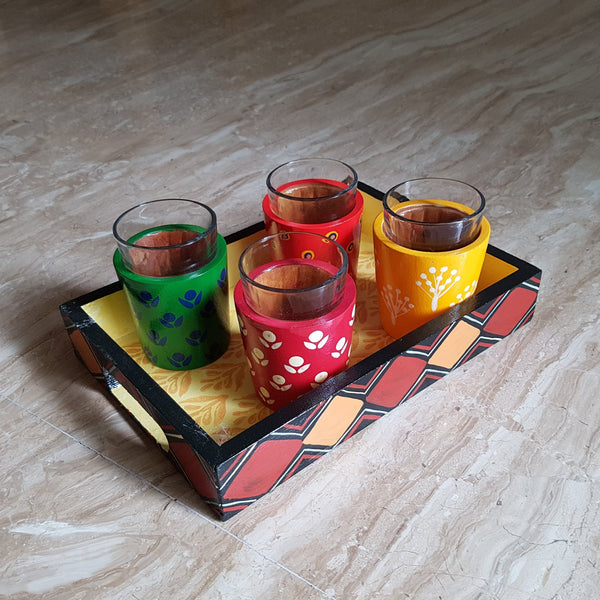 Chai Glasses and Tray Set in Banarasi Woodwork (Set of 4 Glasses)