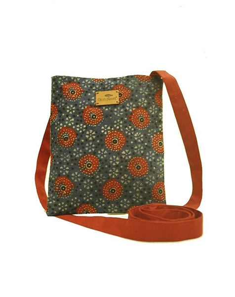 Eco-friendly Women's Ajrakh Sling Bag (Blue with Red Circles)