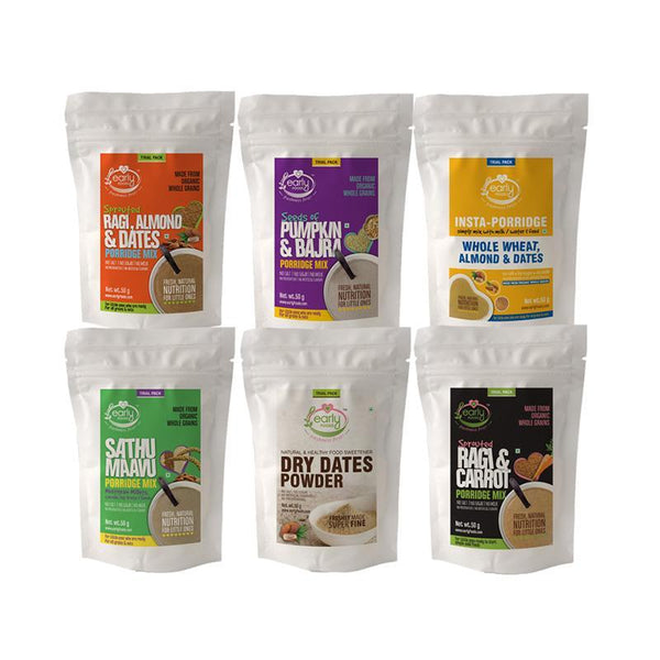 Trial Pack Combo - Organic & Fresh Porridge Mixes & Dry Dates Powder (Pack of 6), 50g each