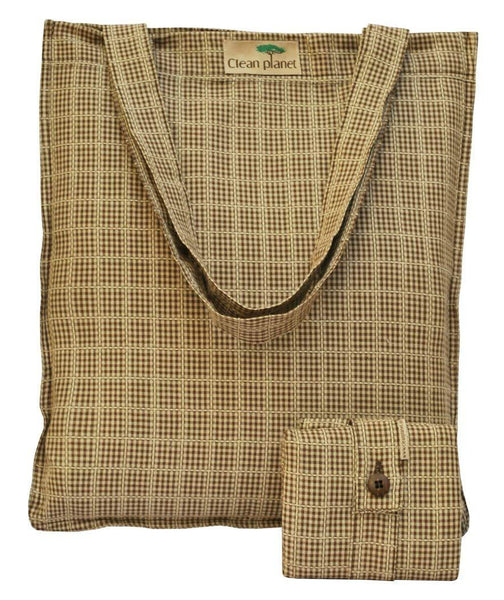 Eco-friendly Checkered Compact Brown Cotton Tote Bag