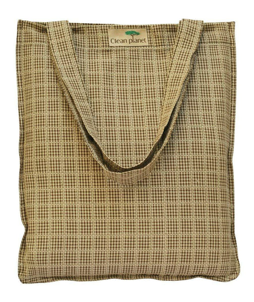 Eco-friendly Checkered Compact Brown Cotton Tote Bag