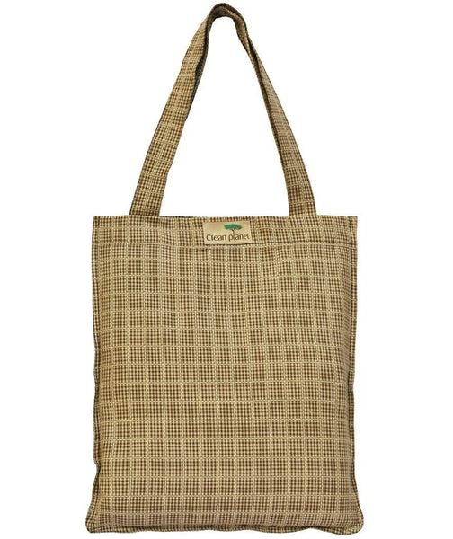 Eco-friendly Cotton Fabric Brown Checks Compact Tote