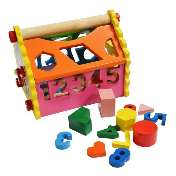 Wooden Number & Shape Sorting House Toy for Addition, Subtraction & Time-telling Skills