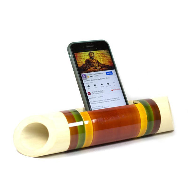 Electricity-Free Natural Ivory Wood Speaker/ Amplifier - Classic Wedge Cut - Coloured Bands