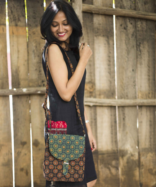 Naturally Dyed Black and Green Ajrakh Sling Bag