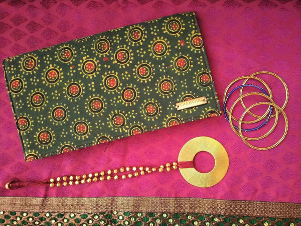 Naturally Dyed Green Ajrakh Clutch