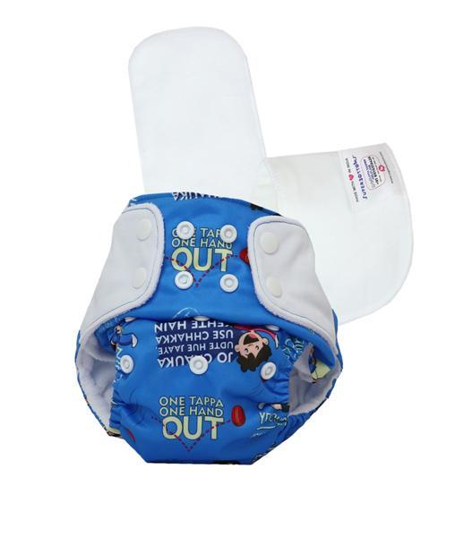 All-in-One Reusable Cloth Diaper with 2 Organic Cotton Dry Feel Soakers [Day & Night Use] - Gully Cricket (Blue)