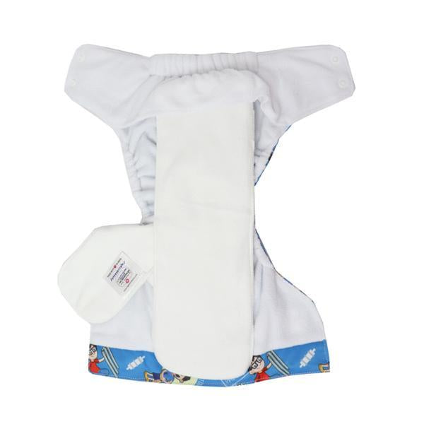 All-in-One Reusable Cloth Diaper with 2 Organic Cotton Dry Feel Soakers [Day & Night Use] - Gully Cricket (Blue)