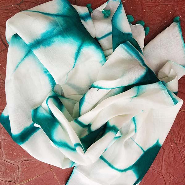 Handloom Tussar Cotton Hand-dyed Shibori Stole with Pompoms - Aquamarine