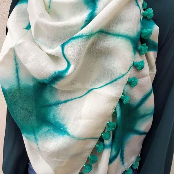 Handloom Tussar Cotton Hand-dyed Shibori Stole with Pompoms - Aquamarine