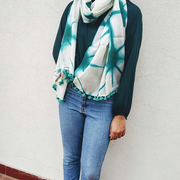 Handloom Tussar Cotton Hand-dyed Shibori Stole with Pompoms - Aquamarine