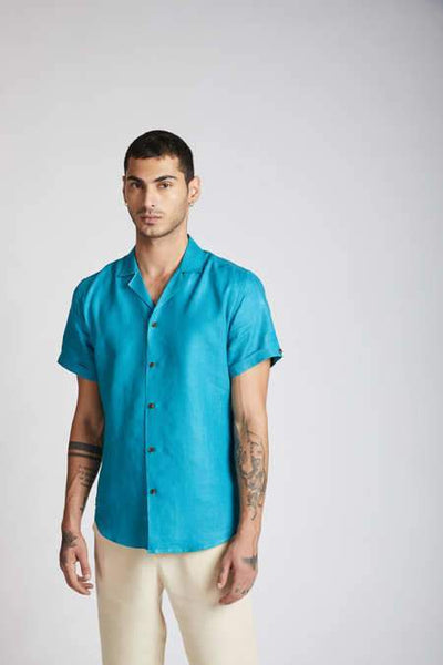 Men's Natural Hemp Arrow Resort Half-Sleeved Shirt - Teal
