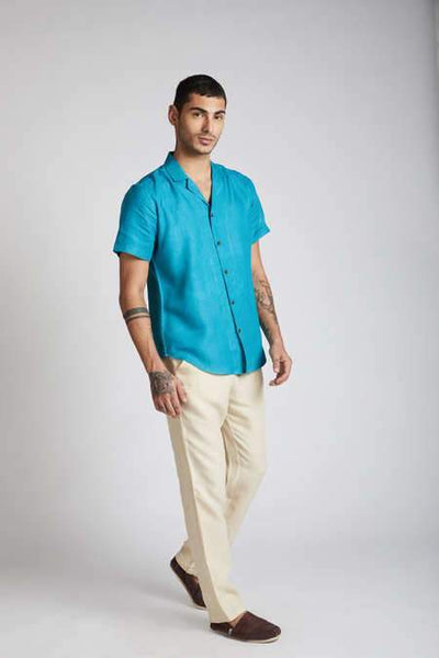 Men's Natural Hemp Arrow Resort Half-Sleeved Shirt - Teal