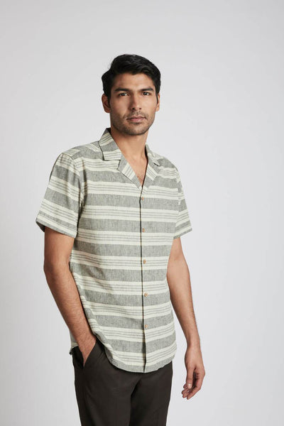 Men's Natural Hemp Arrow Resort Half-Sleeved Shirt - Grey Stripes