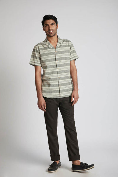 Men's Natural Hemp Arrow Resort Half-Sleeved Shirt - Grey Stripes