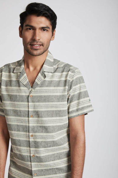 Men's Natural Hemp Arrow Resort Half-Sleeved Shirt - Grey Stripes