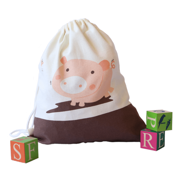 Treasure Trove Canvas Drawstring Toy Bag for Toddlers (Pig)