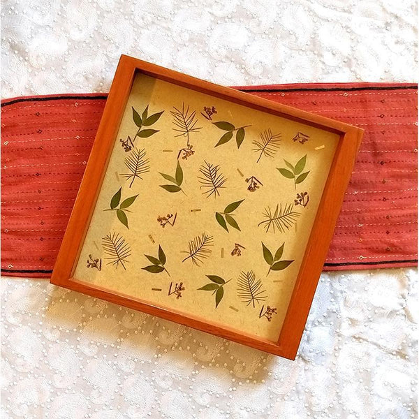 Handcrafted Square Serving Tray embellished with Dried Leaves (Beige )
