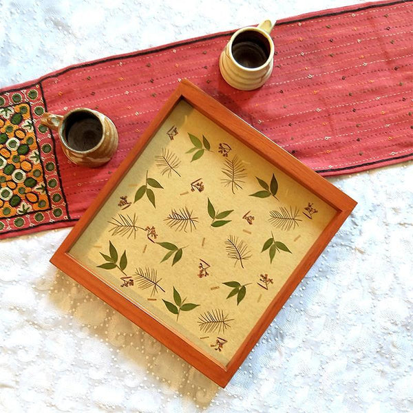 Handcrafted Square Serving Tray embellished with Dried Leaves (Beige )