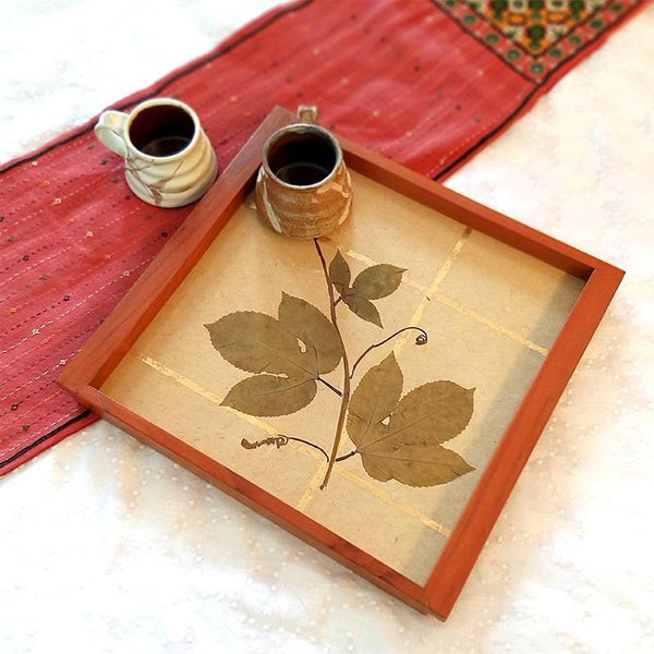 Handcrafted Square Serving Tray embellished with Dried Vine Leaves (Beige & Gold)