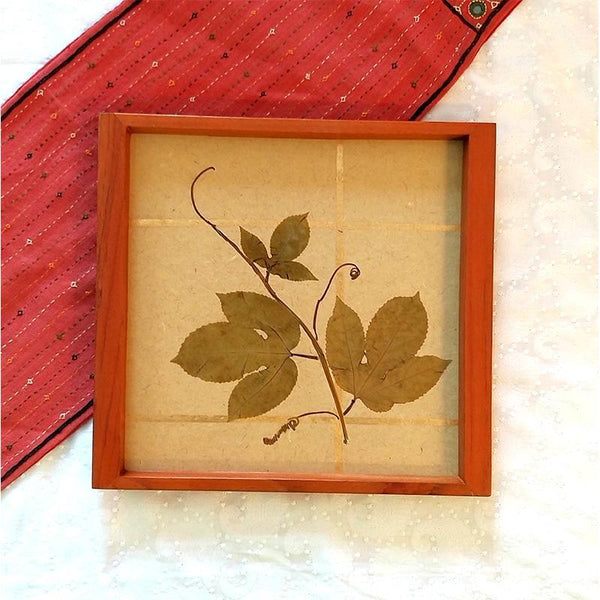 Handcrafted Square Serving Tray embellished with Dried Vine Leaves (Beige & Gold)