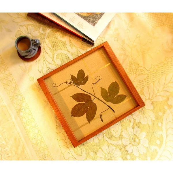 Handcrafted Square Serving Tray embellished with Dried Vine Leaves (Beige & Gold)