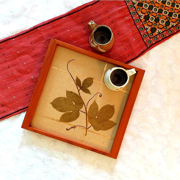 Handcrafted Square Serving Tray embellished with Dried Vine Leaves (Beige & Gold)