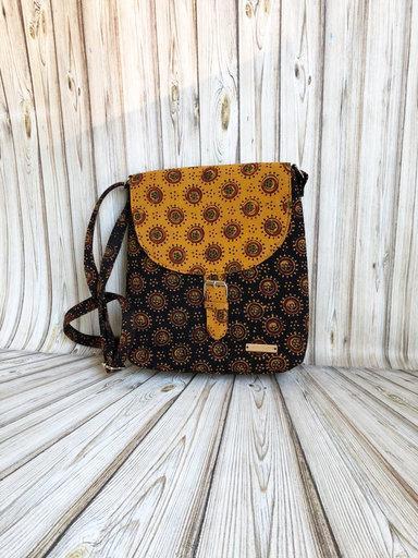 Naturally Dyed Black and Mustard Ajrakh Sling Bag