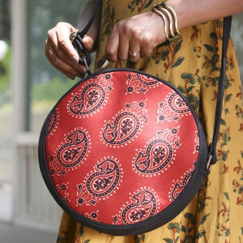 Naturally Dyed Ajrakh Black Paisley Dhol Sling Bag