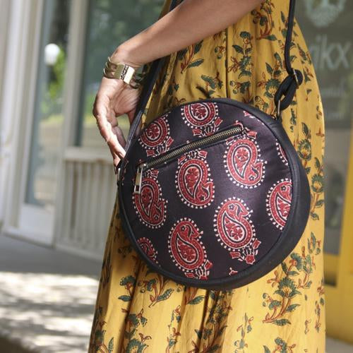 Naturally Dyed Ajrakh Black Paisley Dhol Sling Bag