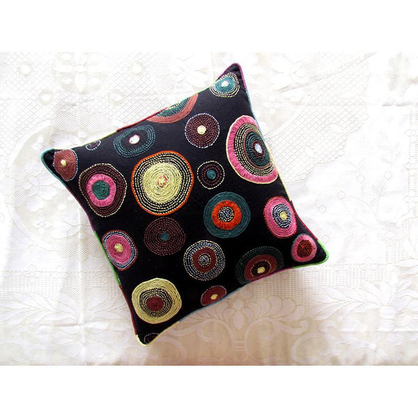 Square Cushion Cover Hand Embroidered by Tribal Women Artisans (Black)