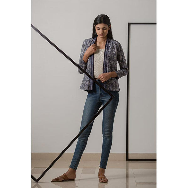 Women's Block Printed Handwoven Cotton Kimono Jacket- Indigo